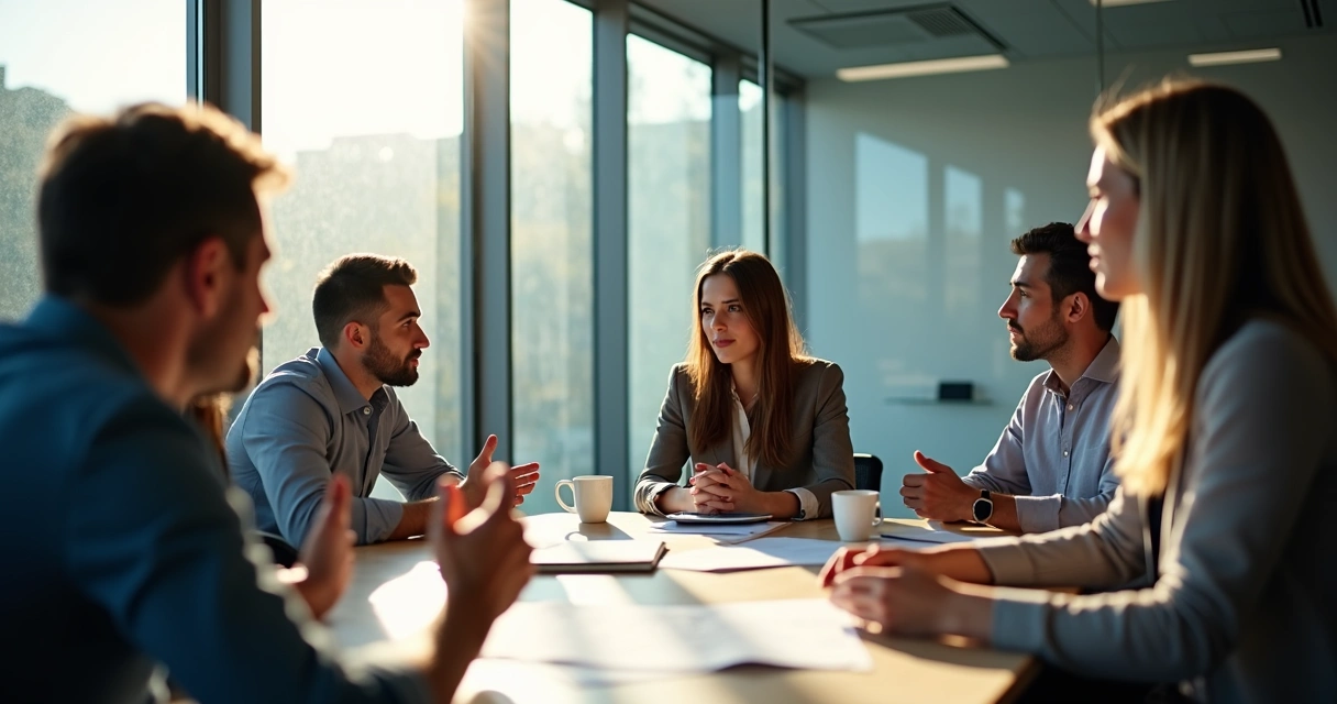 Grupo de trabajo discutiendo en sala de reuniones 