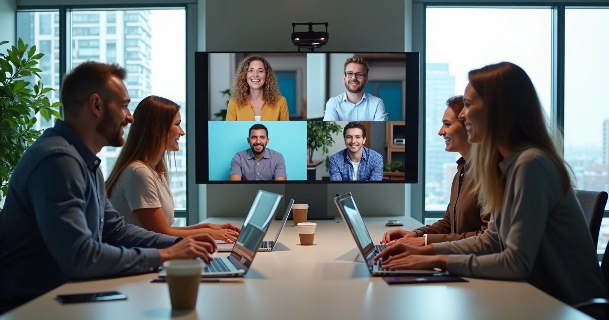 Personas reunidas en una sala y otras conectadas por videollamada en una pantalla 