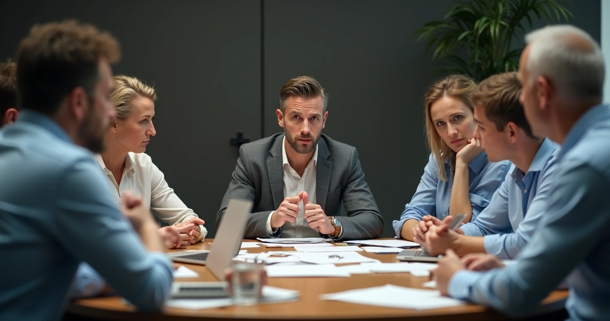 Equipo de trabajo reunido, una persona en el centro acapara la atención mientras otros miran en silencio 