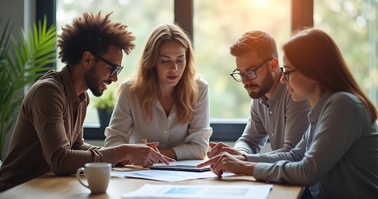 Equipo diverso reunido tomando decisiones juntos 