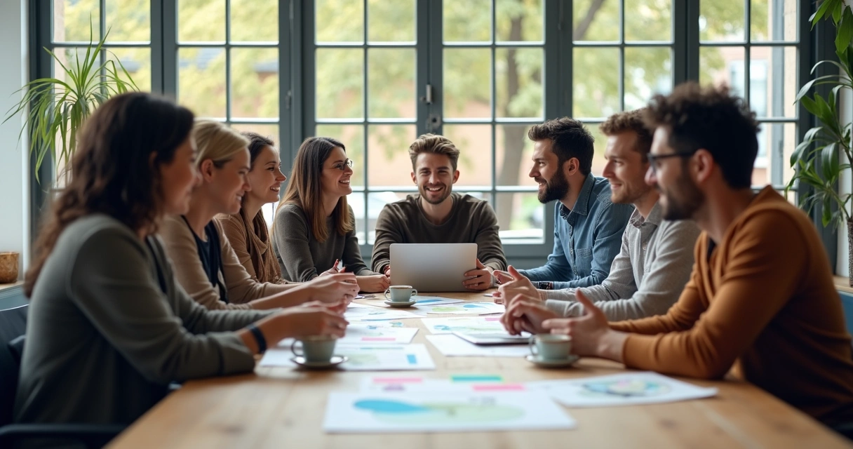 Personas colaborando en una mesa de trabajo comunitario 