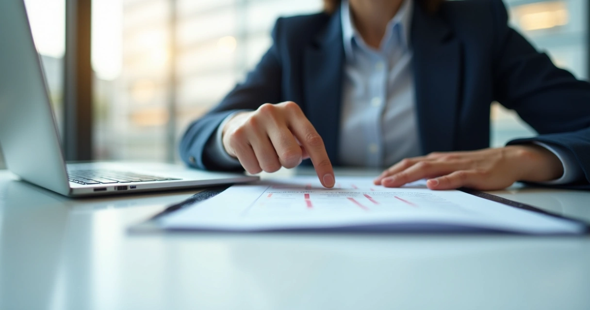 Profesional trabajando en escritorio señalando una línea visible en la mesa