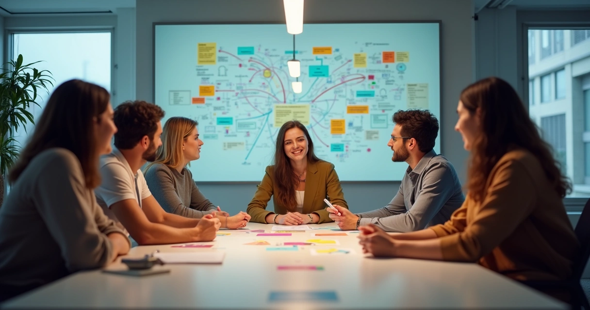 Personas trabajando juntas en un proyecto, rodeadas de diagramas que conectan sus ideas