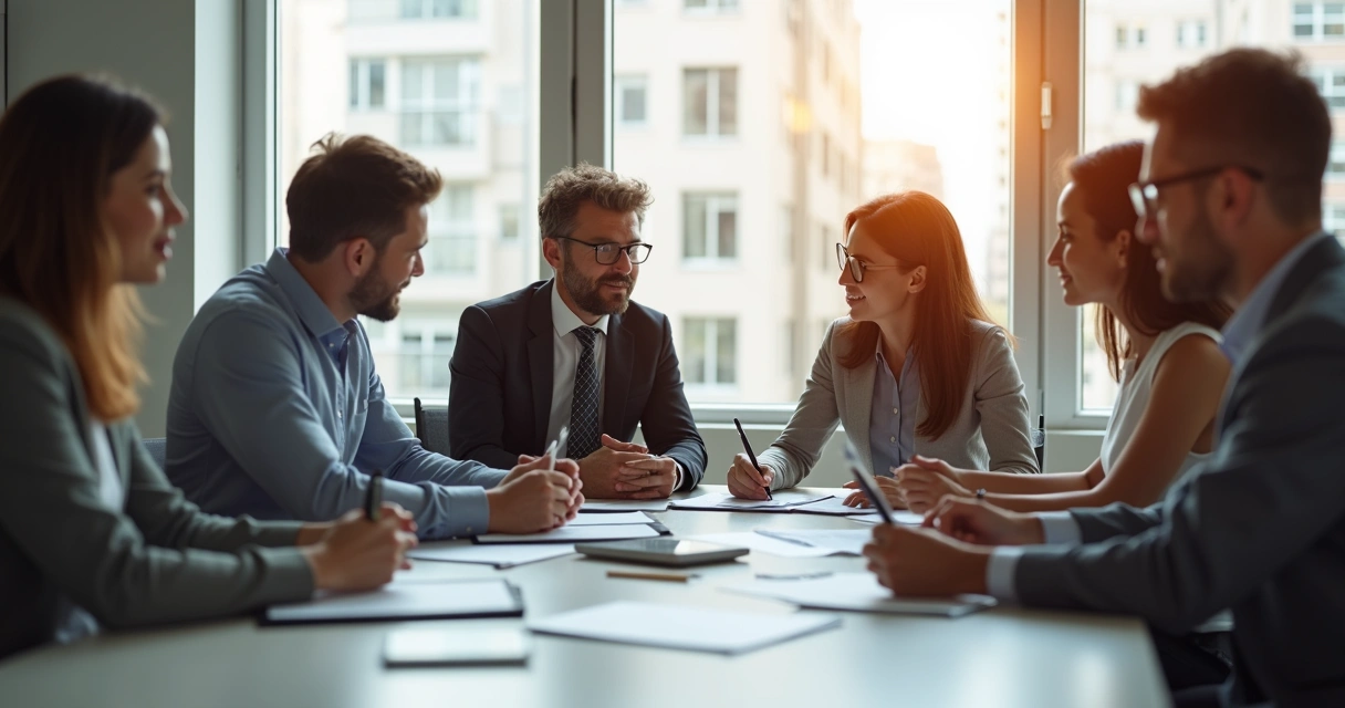Personas de diferentes edades y género compartiendo ideas en una mesa de trabajo 