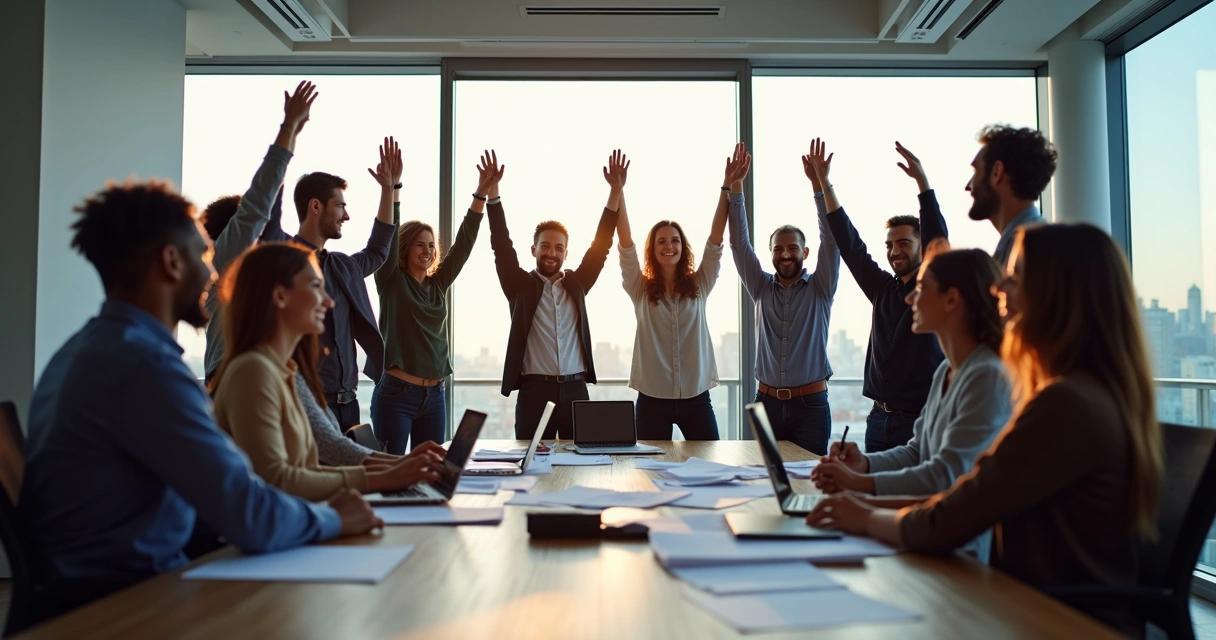 Equipo diverso celebrando un logro en una oficina moderna 