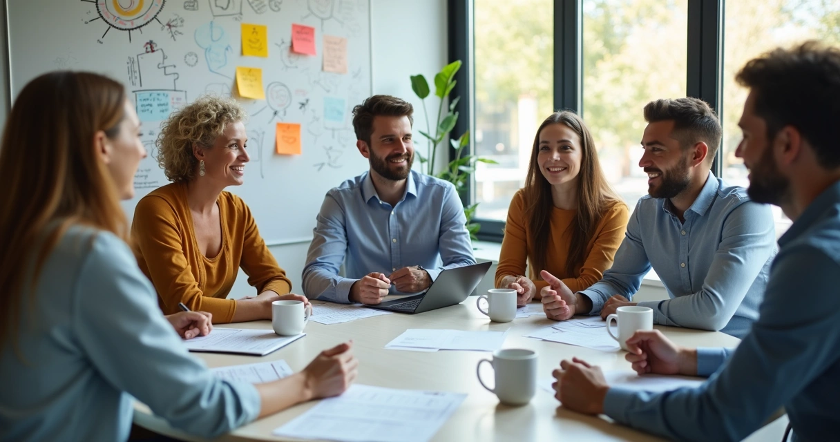 Equipo de trabajo diverso reunido en mesa redonda, compartiendo ideas y emociones