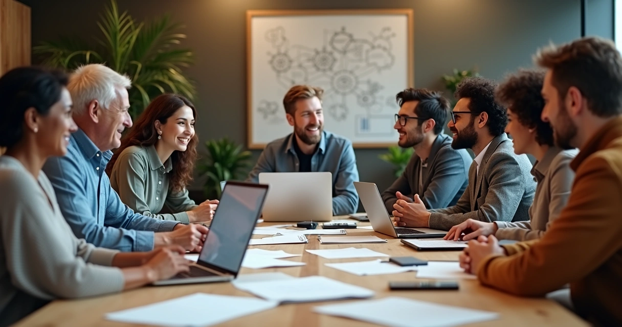 Equipo diverso discutiendo alrededor de una mesa con ambiente de cooperación 