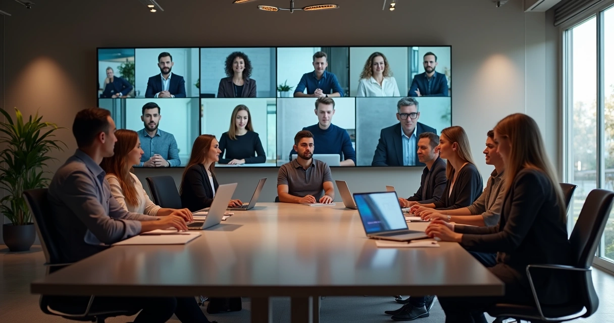 Personas colaborando en una oficina con pantallas y escritorios virtuales