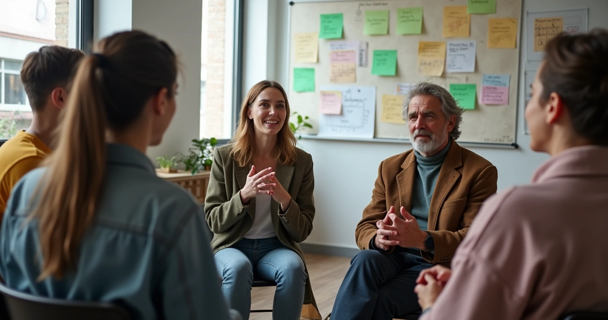 Grupo de personas dialogando abiertamente sentados en círculo 