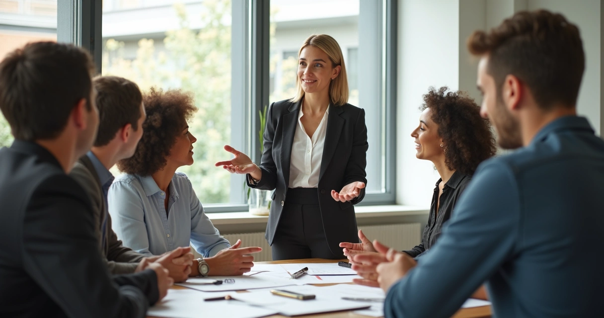 Equipo diverso trabajando junto a un líder guiando con empatía