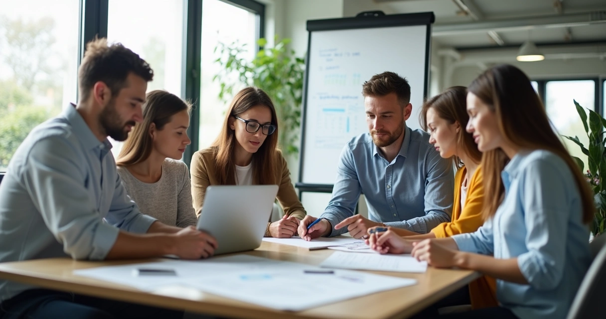 Personas reunidas colaborando en una mesa de oficina 