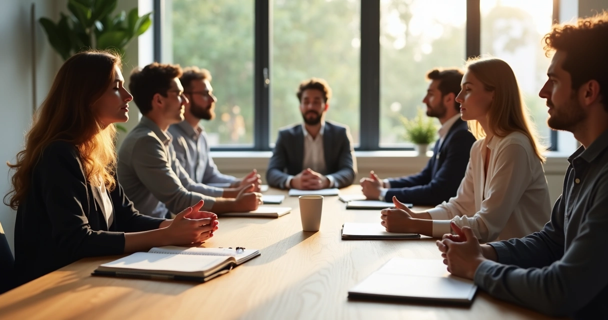 Personas en una oficina meditando y conversando 