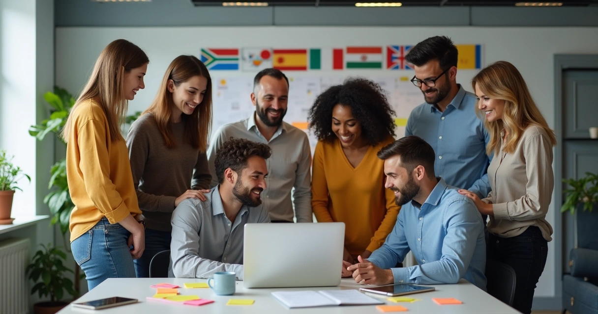 Equipo multicultural reunido frente a laptop colaborando en proyecto