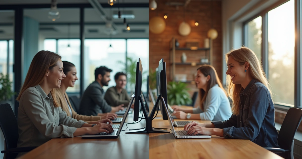 Miembros de un equipo híbrido colaborando online y en oficina 