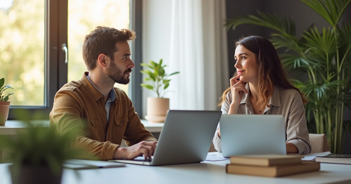 Dos personas teniendo una conversación por videollamada desde sus escritorios en casa. 