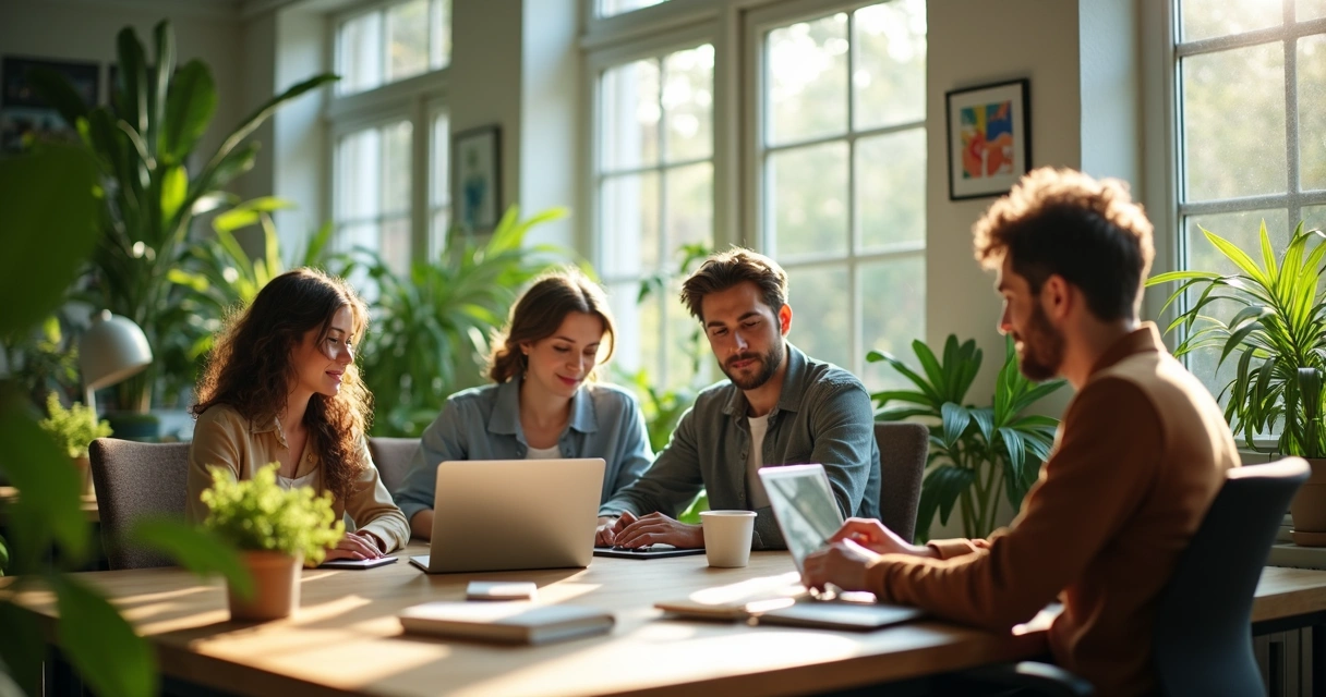 Personas en oficina con plantas realizando tareas en computadoras 