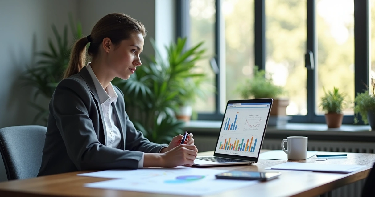 Profissional sentado analisando gráficos de IA na tela do notebook em ambiente moderno de trabalho. 
