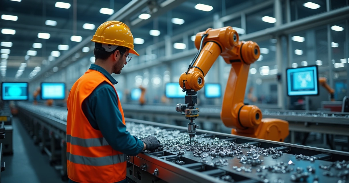 Trabalhador observando braço robótico em linha de montagem industrial