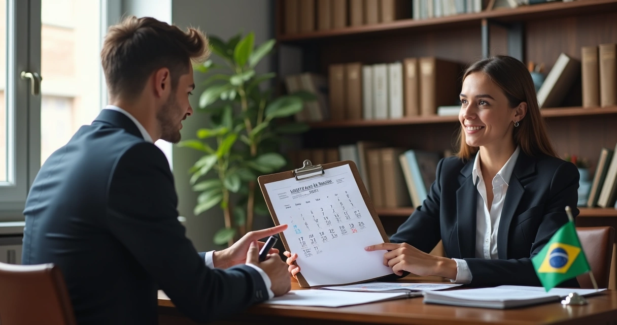 Trabalhador conversando com advogada com documentos na mesa 