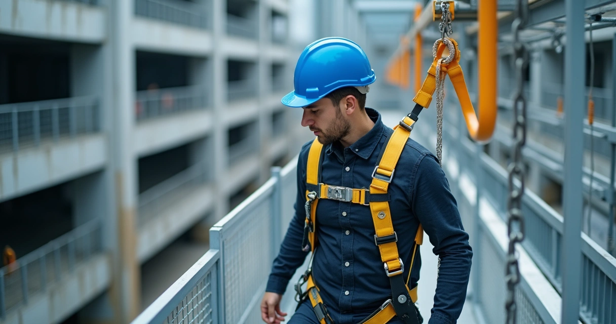 Trabalhador com cinto de segurança fixado a ponto de ancoragem certificado 