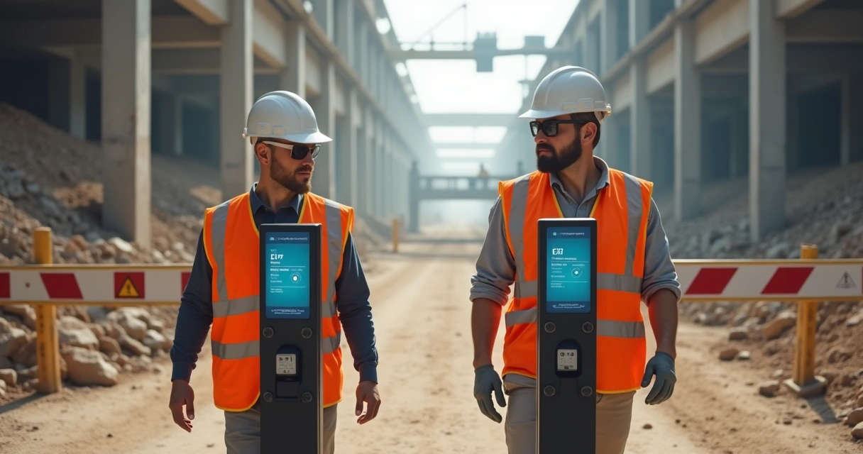 Trabalhador usando EPI, passando por controle biométrico na entrada de obra 