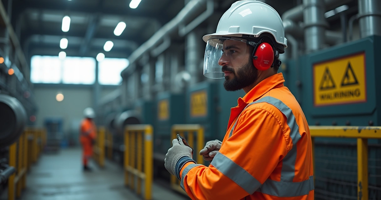 Trabalhador usando equipamento de proteção individual em ambiente de trabalho insalubre com máquinas e sinalização de segurança 