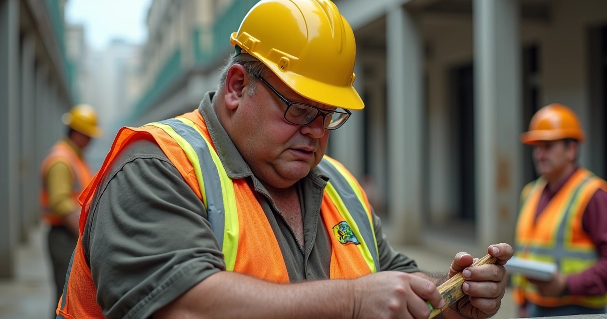 Trabalhador de construção civil obeso com capacete amarelo, visivelmente com dificuldade para executar tarefa com ferramentas na obra. 