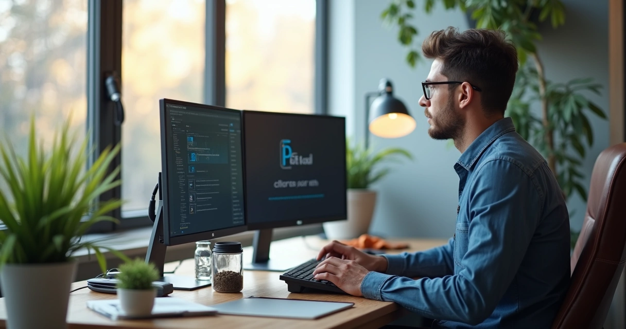 Homem sentado comparando dois monitores em uma mesa de escritório 