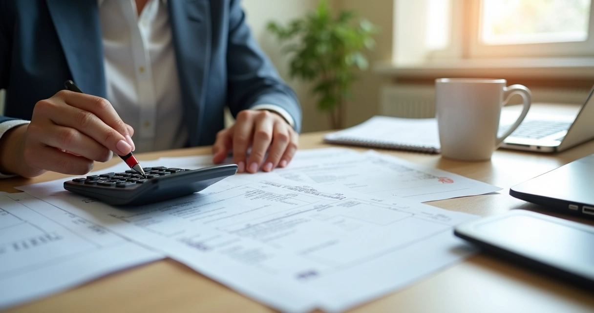 Pessoa analisando documentos fiscais para imposto de renda na mesa.