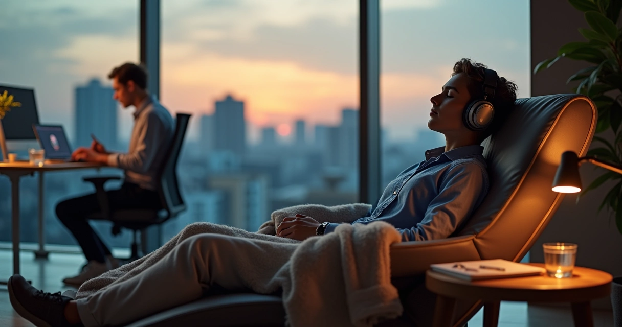 Colaborador cochilando em poltrona de descanso ao lado de mesa de trabalho 