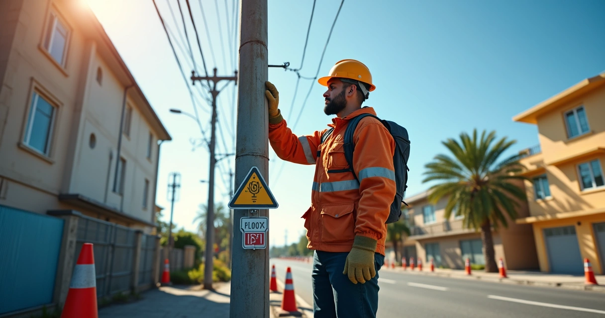 Trabalhador com equipamentos de proteção próximo a fios de energia 