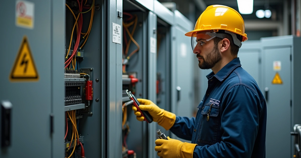 Técnico mexendo em painel elétrico industrial com EPIs