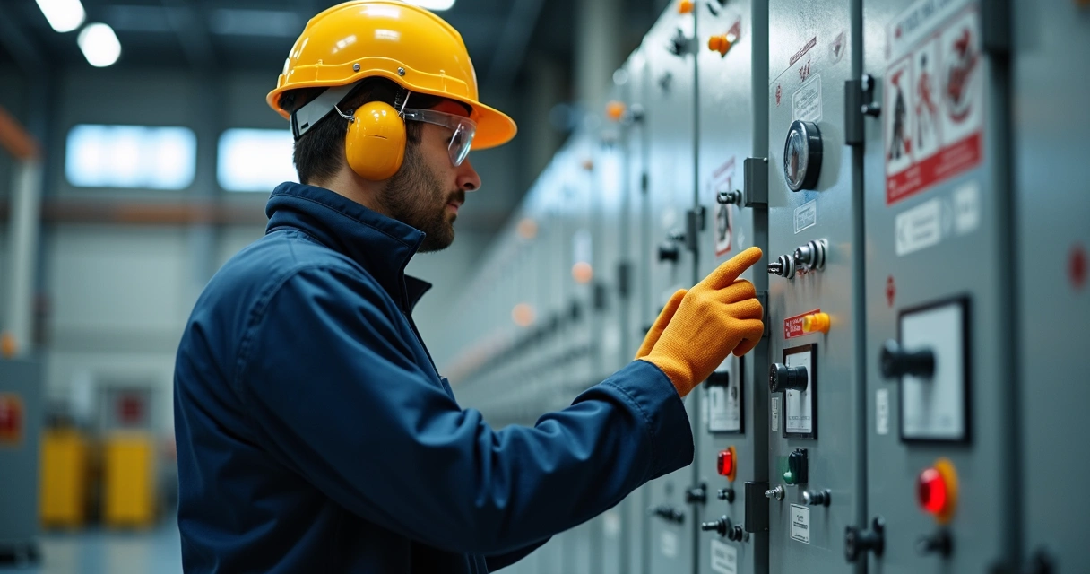 Eletricista usando equipamentos de proteção ao trabalhar em painel elétrico