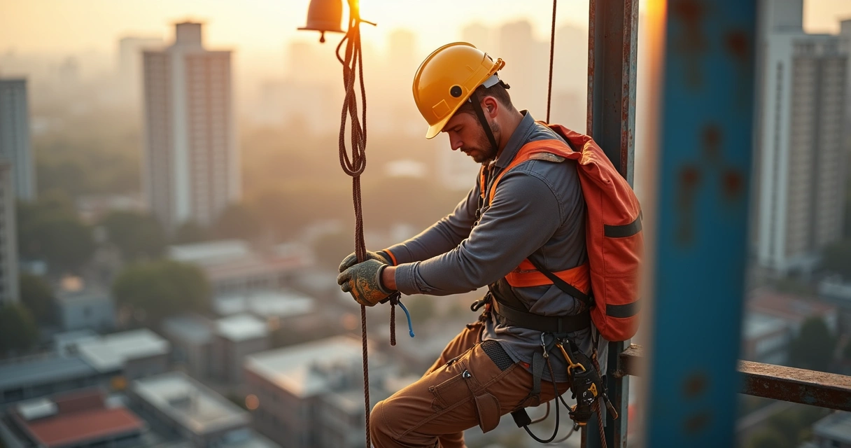 Trabalhador equipado com EPI realizando serviço em altura
