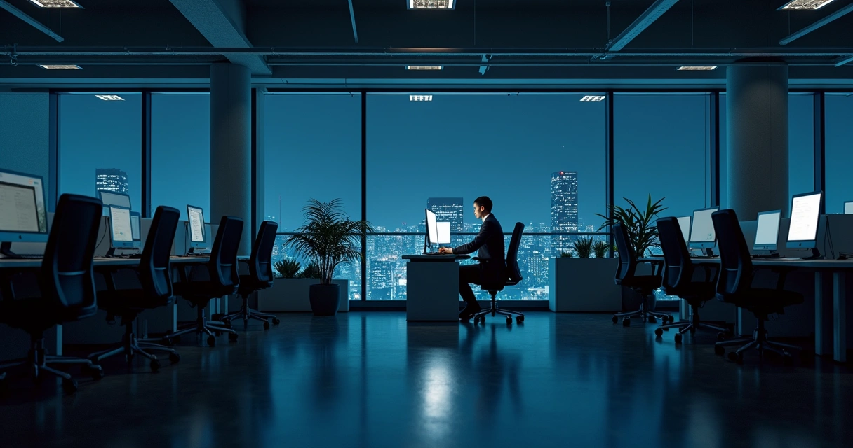 Trabalhador noturno em escritório vazio