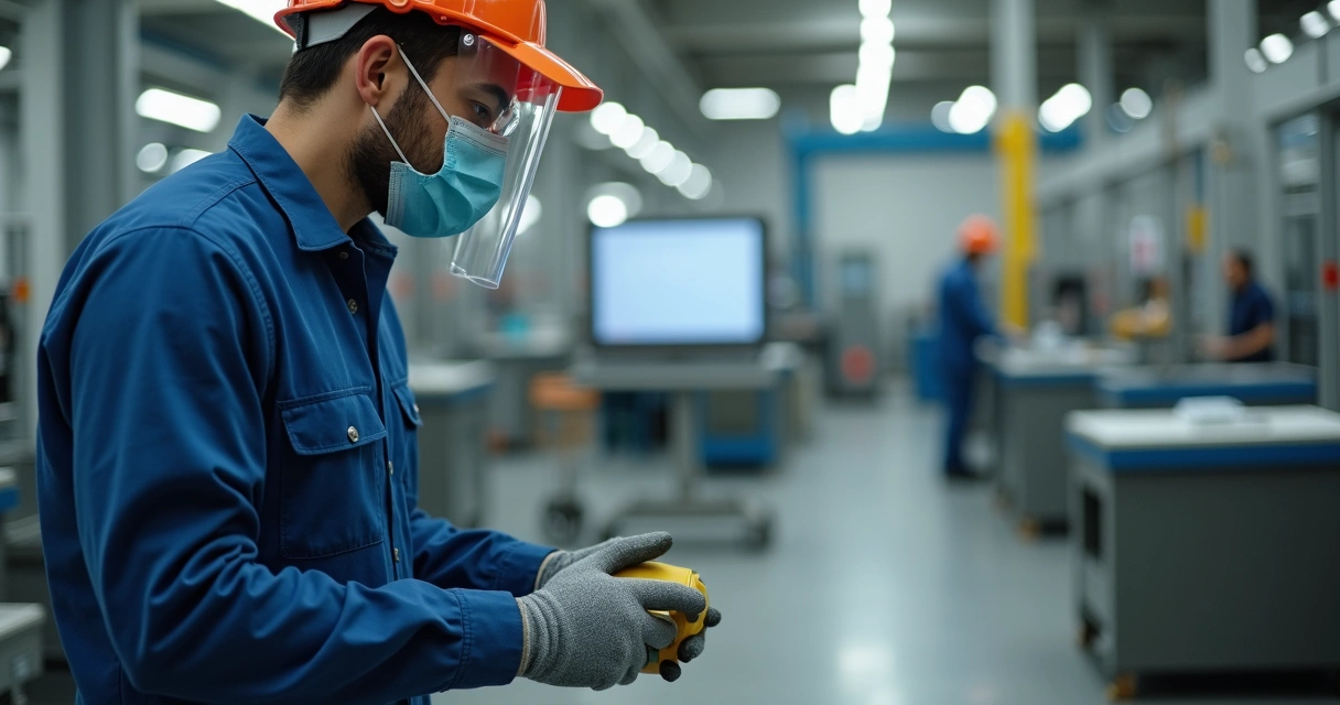 Trabalhador de indústria utilizando EPI ao lado de equipamento moderno 