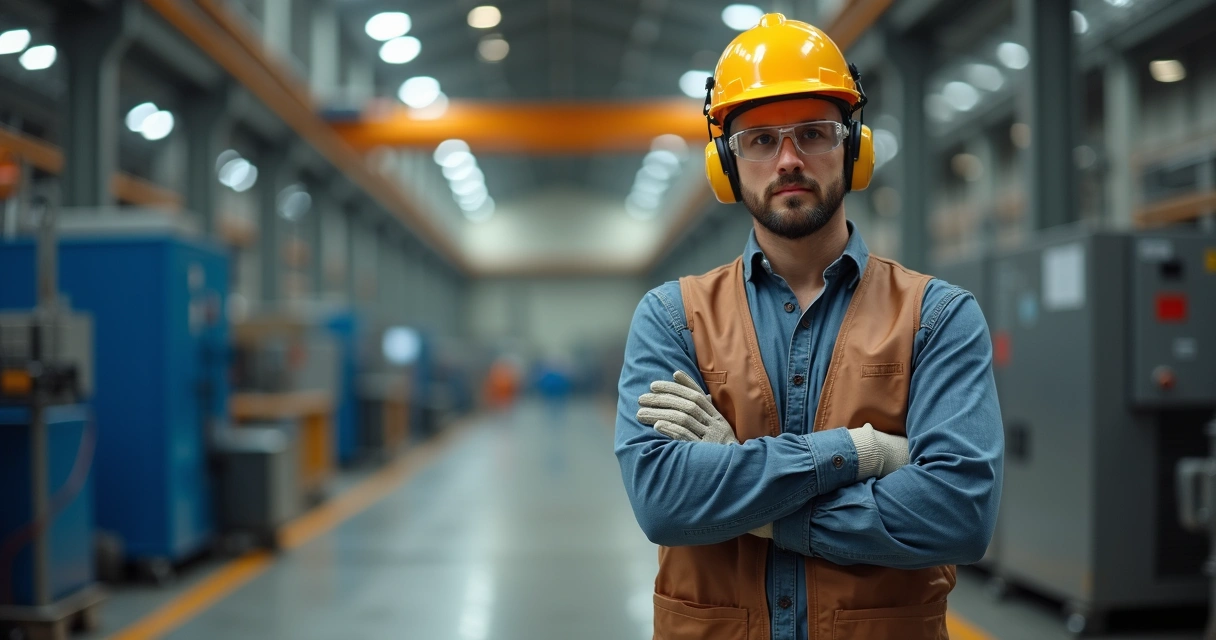 Homem usando luvas, óculos de proteção, protetor auricular e capacete em um ambiente industrial