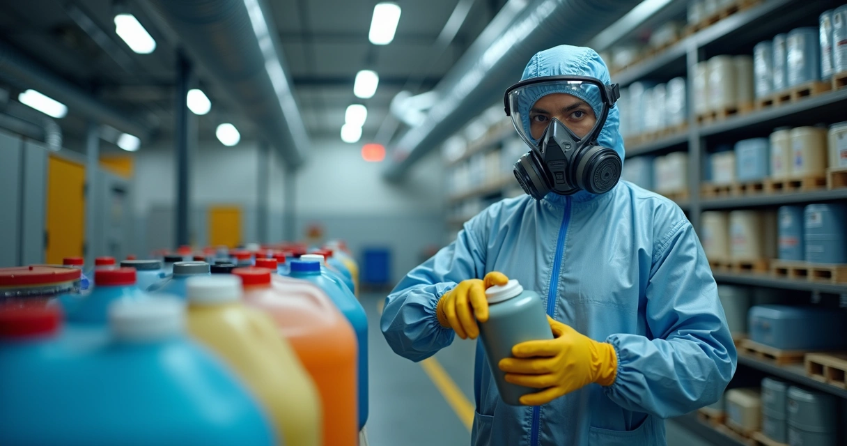 Trabalhador com EPI manuseando produto químico em área industrial 
