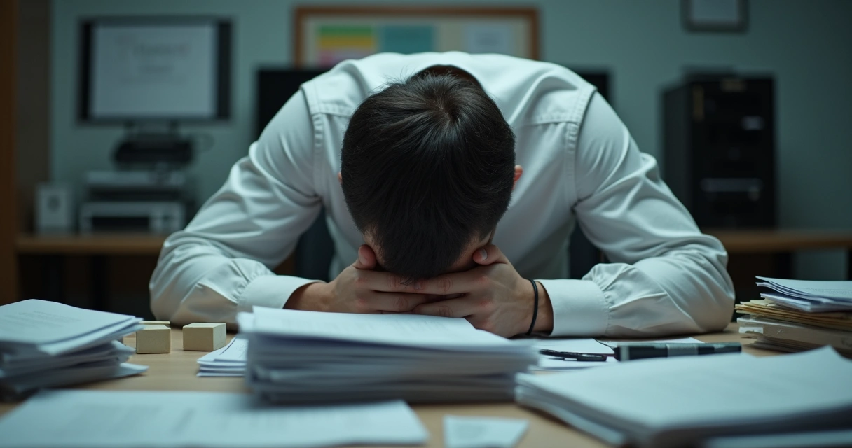 Trabalhador de camisa social sentado à mesa com cabeça baixa, pilhas de papéis em volta. 