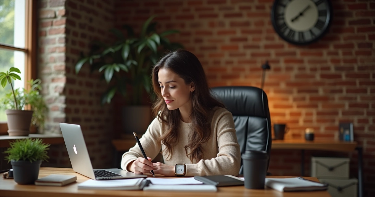 Pessoa usando notebook com caderno e caneta na mesa 