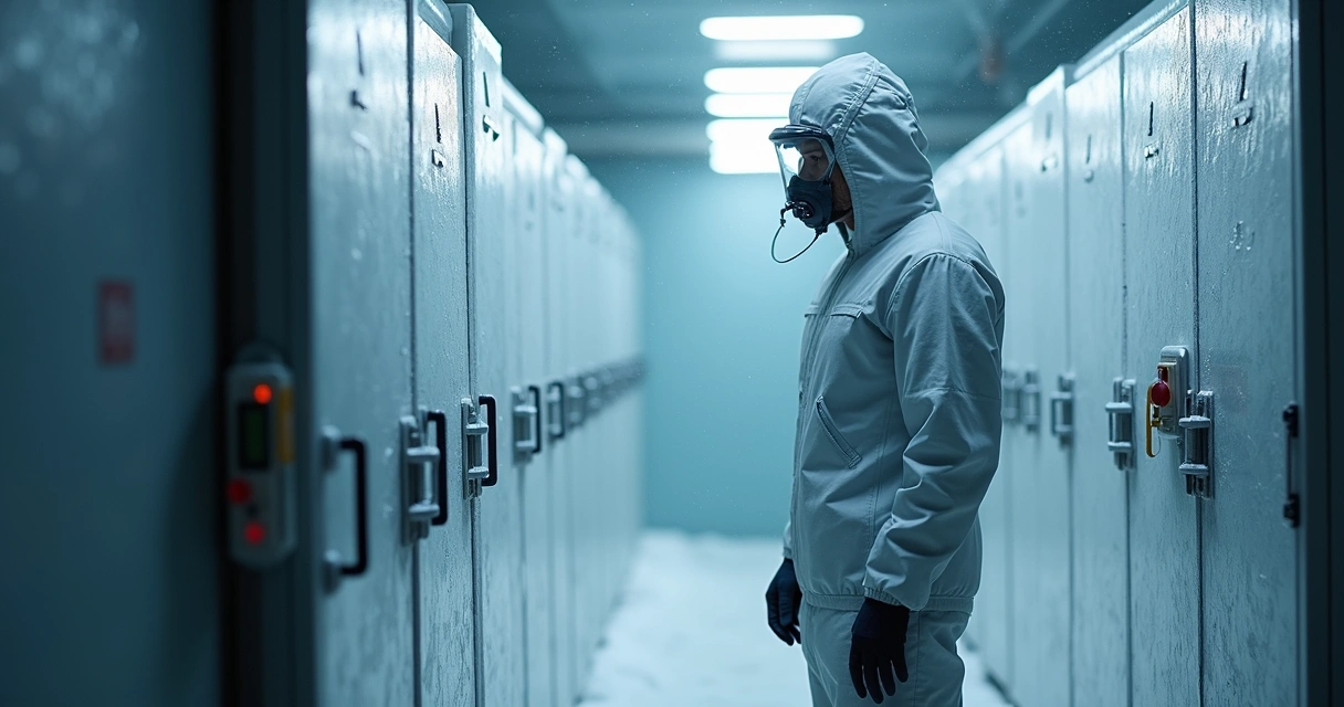 Trabalhador usando roupas térmicas e EPIs dentro de uma câmara frigorífica 
