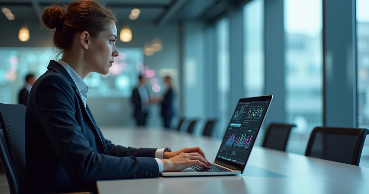 Pessoa usando notebook com gráficos e interface de IA na tela, sentado em escritório moderno 