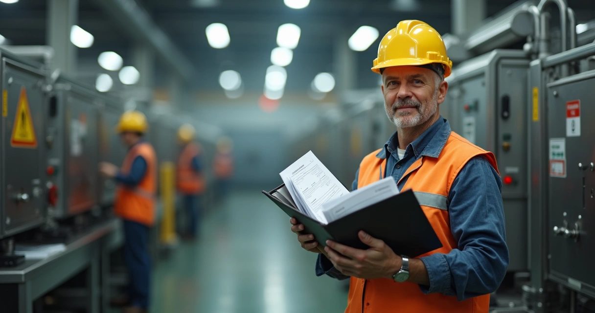 Trabalhador em ambiente industrial organizando documentos 