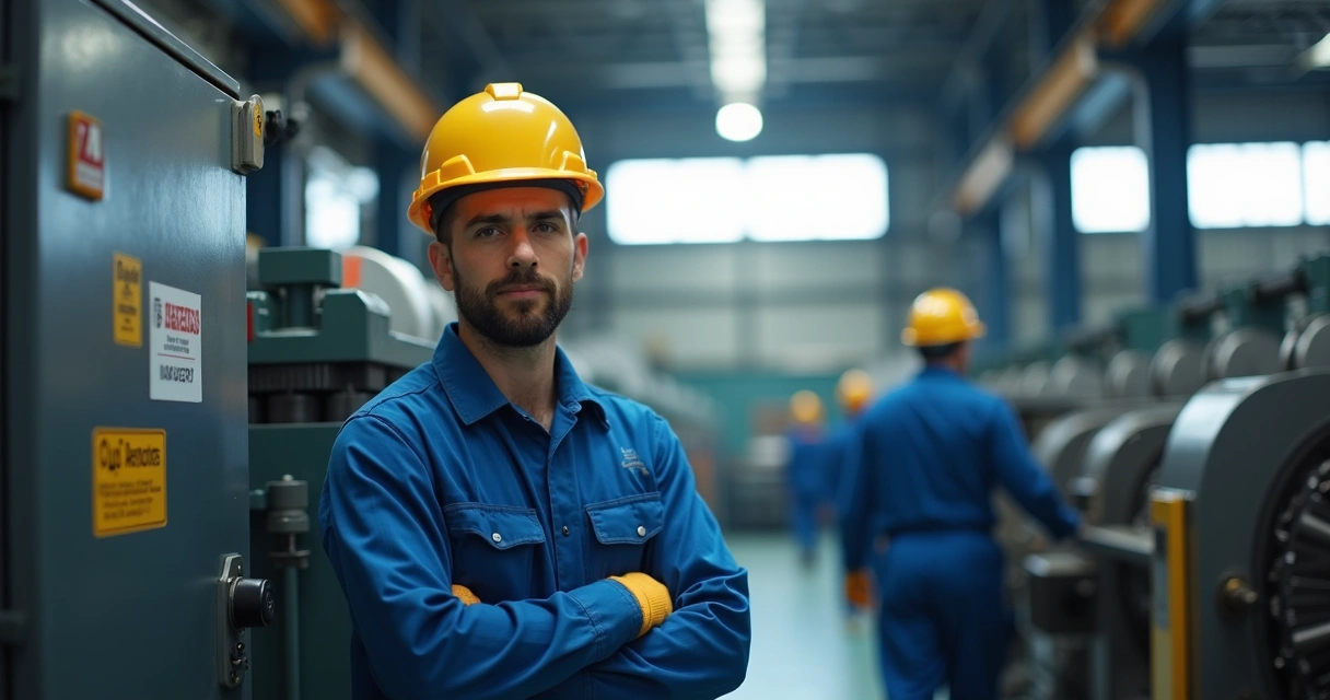 Trabalhador em fábrica usando equipamentos de proteção individual 