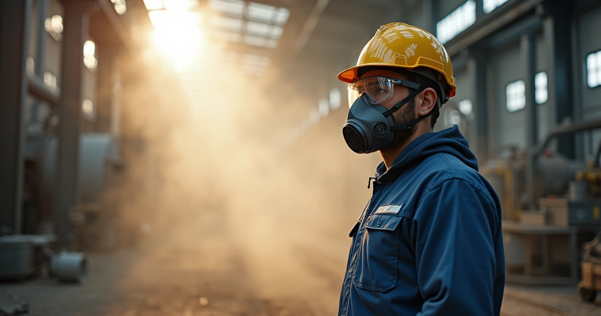Trabalhador em fábrica com poeira ao redor