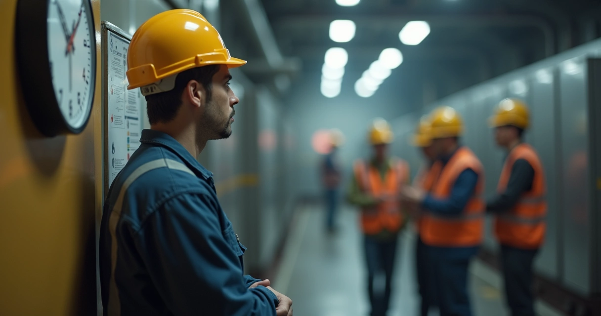 Trabalhador intermitente olhando relógio em ambiente industrial 