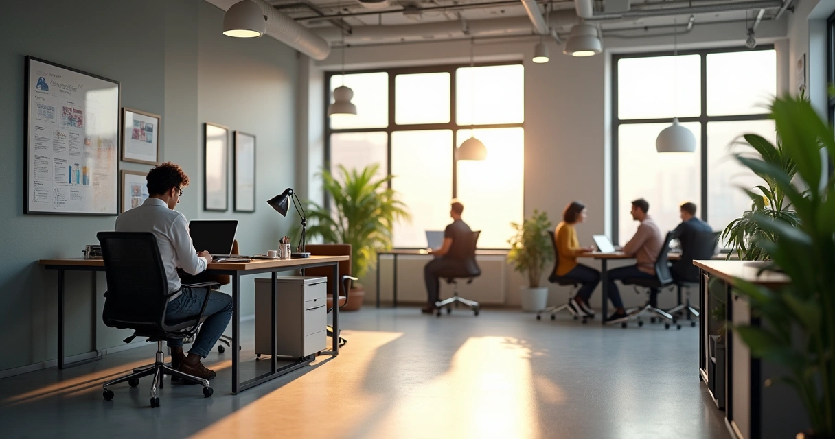 Profissional solitário sentado em mesa de escritório, afastado de colegas 