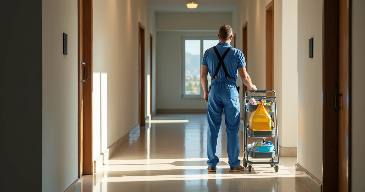 Homem de uniforme azul limpando área comum de condomínio com carrinho de limpeza e equipamentos ao redor. 