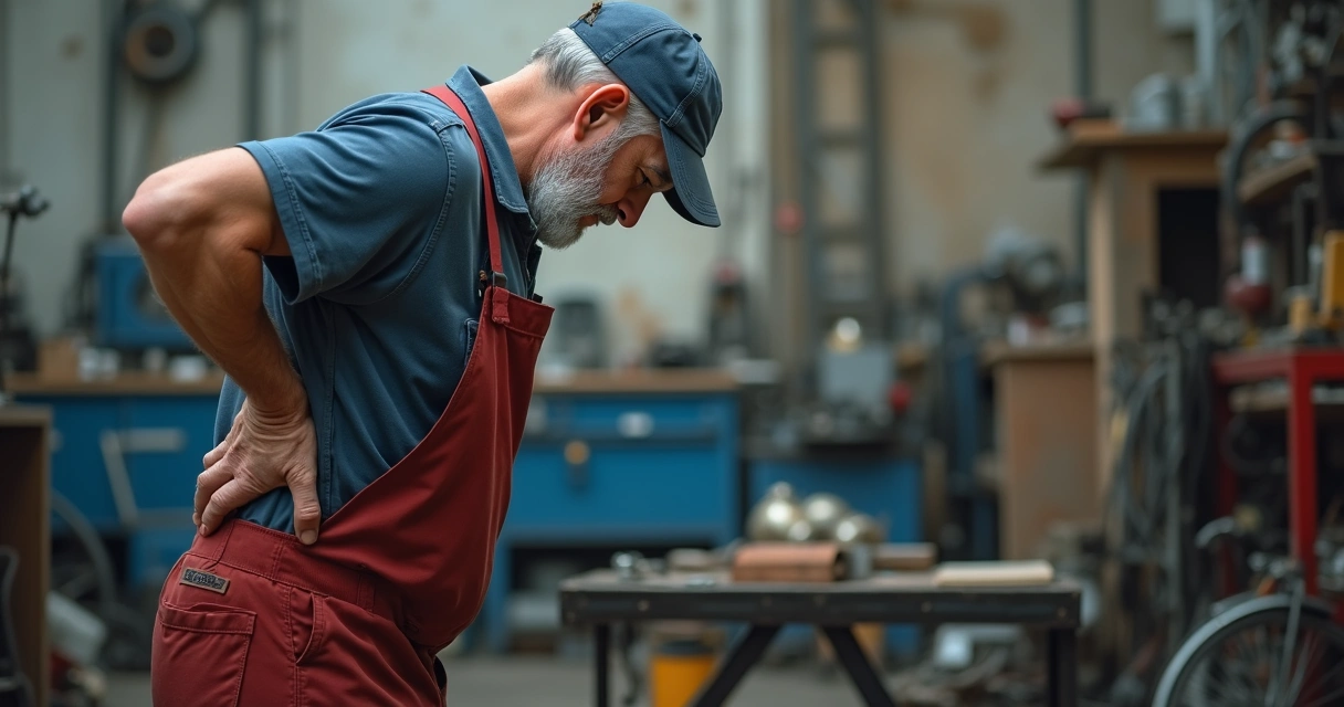 Trabalhador em oficina com dor lombar segurando as costas 
