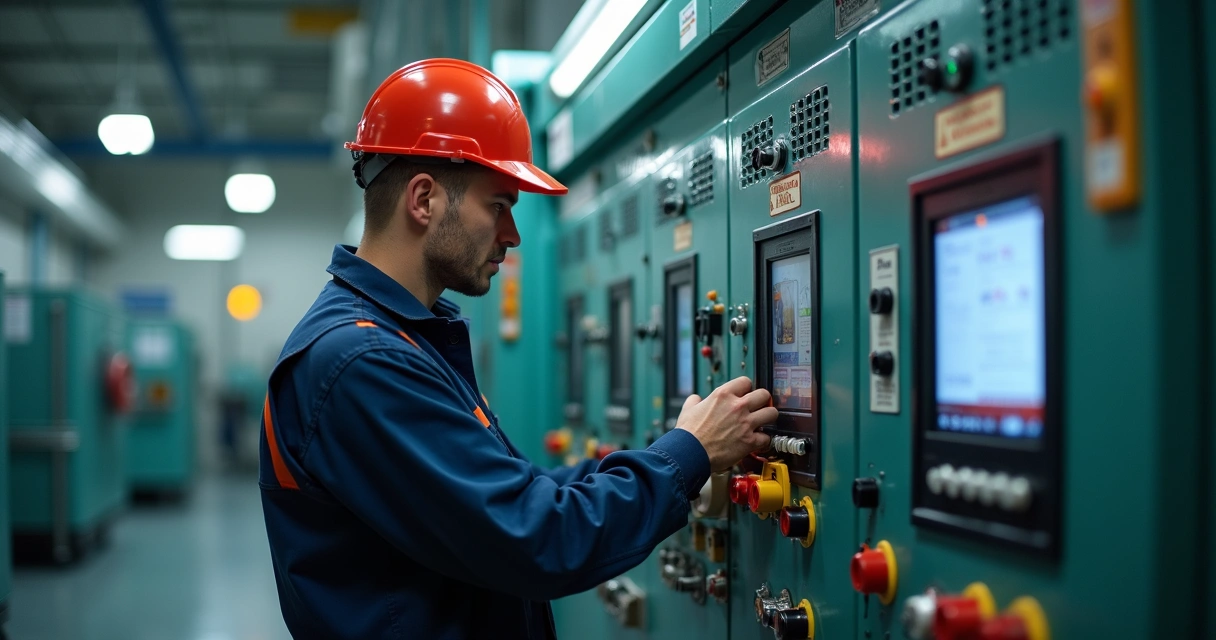 Técnico realizando manutenção segura em máquina industrial 